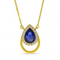 14K Yellow Gold Sapphire and Diamond Open Pear Shape Necklace