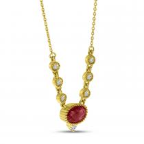 14k Yellow Gold Garnet Oval with Diamond Milgrain Bezel Necklace