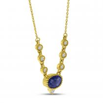 14k Yellow Gold Sapphire Oval with Diamond Milgrain Bezel Necklace