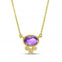 14K Yellow Gold Amethyst with Triple Diamond Oval Necklace