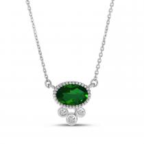 14K White Gold Emerald with Triple Diamond Oval Necklace