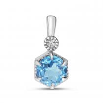 14K White Gold Round Blue Topaz Hexagon Milgrain Diamond Pendant