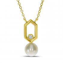 14K Yellow Gold Pearl and Diamond Hexagon Link Necklace