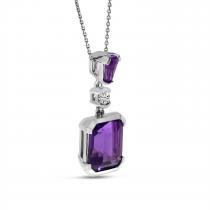 14K White Gold Emerald Cut Amethyst with Halo and Diamond Drop Pendant