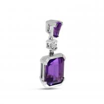 14K White Gold Emerald Cut Amethyst with Halo and Diamond Drop Pendant