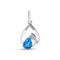 14K White Gold Blue Topaz and Diamond Pear Drop Pendant