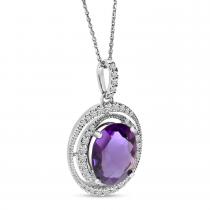 14K White Gold Oval Amethyst Double Diamond Halo Pendant