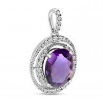 14K White Gold Oval Amethyst Double Diamond Halo Pendant