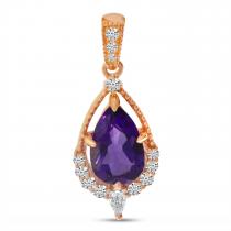 14K Rose Gold Amethyst Pear Shape And Diamond Milgrain Pendant