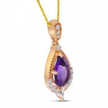 14K Rose Gold Amethyst Pear Shape And Diamond Milgrain Pendant