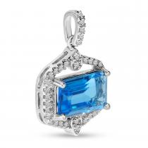 14K White Gold Blue Topaz Octagon and Diamond East to West Pendant