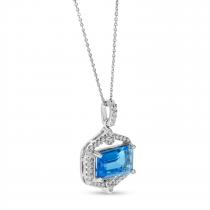 14K White Gold Blue Topaz Octagon and Diamond East to West Pendant