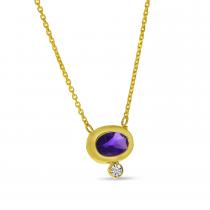 14K Yellow Gold Oval Amethyst with Diamond Bezel Birthstone Necklace