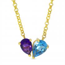 14K Yellow Gold Pear Amethyst and Blue Topaz Duo Heart Necklace