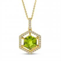 14K Yellow Gold Hexagon Peridot and Diamond  Spaced Halo Semi Precious Pendant