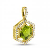 14K Yellow Gold Hexagon Peridot and Diamond  Spaced Halo Semi Precious Pendant