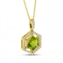 14K Yellow Gold Hexagon Peridot and Diamond  Spaced Halo Semi Precious Pendant