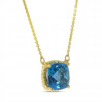 14K Yellow Gold Cushion Blue topaz with Rope Halo Semi Precious Necklace