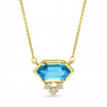 14K Yellow Gold Hexagon Blue Topaz and Diamond Necklace