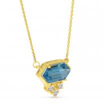 14K Yellow Gold Hexagon Blue Topaz and Diamond Necklace