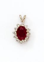 14k Yellow Gold Oval Ruby Precious and Diamond Pendant