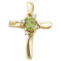 14K Yellow Gold Oval Peridot and Diamond Cross Pendant