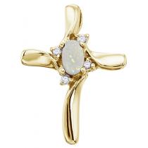 14K Yellow Gold Oval Opal and Diamond Cross Pendant