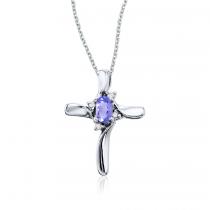 14K White Gold Oval Tanzanite and Diamond Cross Birthstone Pendant