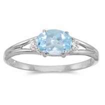 14K White Gold Oval Aquamarine and Diamond Side Set Birthstone Ring