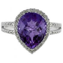 14K White Gold 11X8 mm Pear Amethyst and Diamond Ring