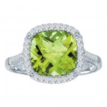 14K White Gold 7 mm Cushion Peridot and Diamond Ring