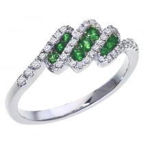 14K White Gold Three Row Round Emerald and Diamond Precious Fashion Ring