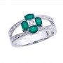 14K White Gold Precious Oval Emerald and Diamond Flower Fashion Ring