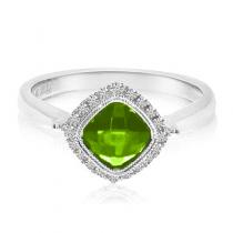 14K White Gold Cushion Peridot and Diamond Halo Ring