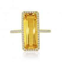 14K Yellow Gold Long Octagon Citrine and Diamond Semi Precious Ring