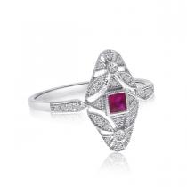 14K White Gold Filigree Princess Cut Ruby and Diamond Ring