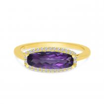 14K Yellow Gold Elongated Baguette Amethyst and Diamond Ring