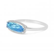 14K White Gold Elongated Baguette Blue Topaz and Diamond Ring