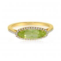 14K Yellow Gold Elongated Oval Peridot and Diamond Semi Precious Fashion Ring