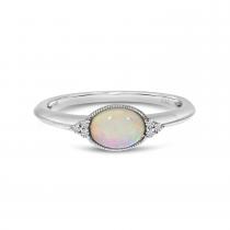 14K White Gold Oval Opal East to West and Diamond Millgrain Ring