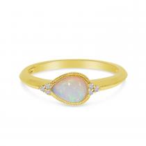 14K Yellow Gold Semi Pear Opal and Diamond Millgrain East West Ring