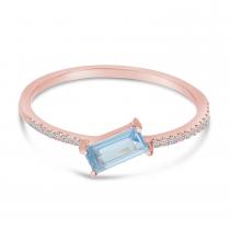 14K Rose Gold East West Octagon Aquamarine and Diamond Sideway Semi Precious Ring