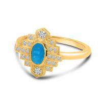 14K Yellow Gold Oval Blue Topaz and Diamond Art Deco Ring