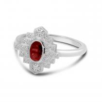 14K White Gold Oval Garnet and Diamond Art Deco Ring