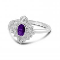 14K White Gold Oval Amethyst and Diamond Art Deco Ring