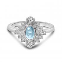 14K White Gold Oval Aquamarine and Diamond Art Deco Ring