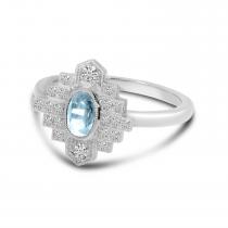 14K White Gold Oval Aquamarine and Diamond Art Deco Ring