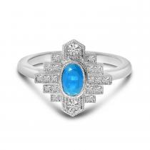 14K White Gold Oval Blue Topaz and Diamond Art Deco Ring