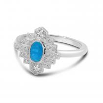 14K White Gold Oval Blue Topaz and Diamond Art Deco Ring