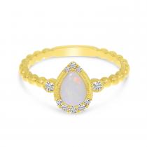 14K Yellow Gold Pear Opal with Diamond Millgrain Semi Precious Ring